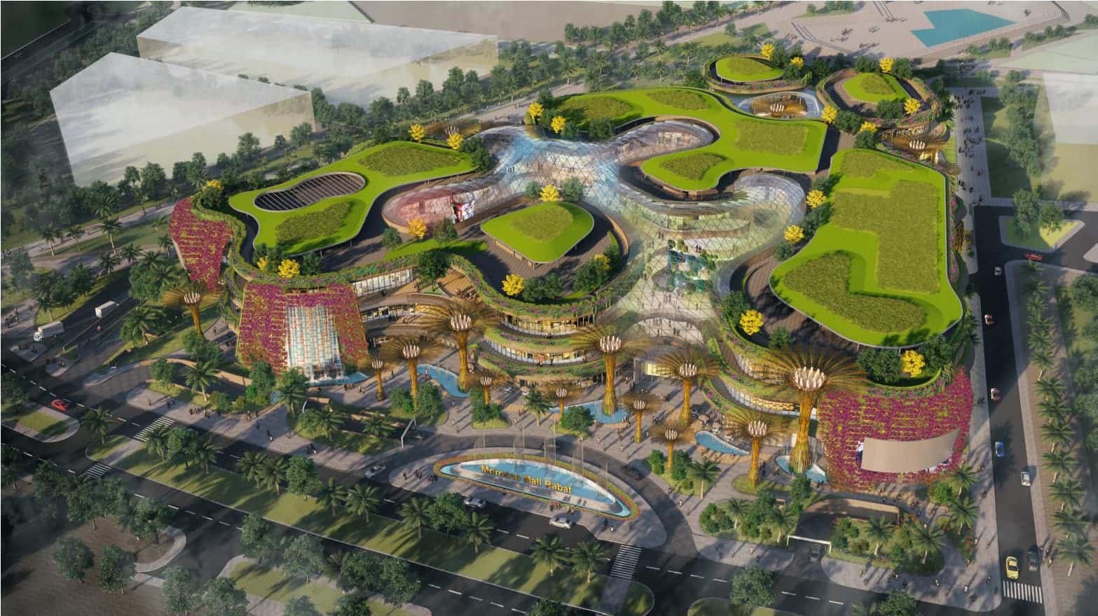 Aerial view of the Rabat commercial centre with its free-form green roof